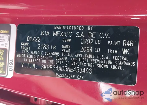 2022 Kia Forte Lxs from USA, damaged, VIN 3KPF24AD5NE453493